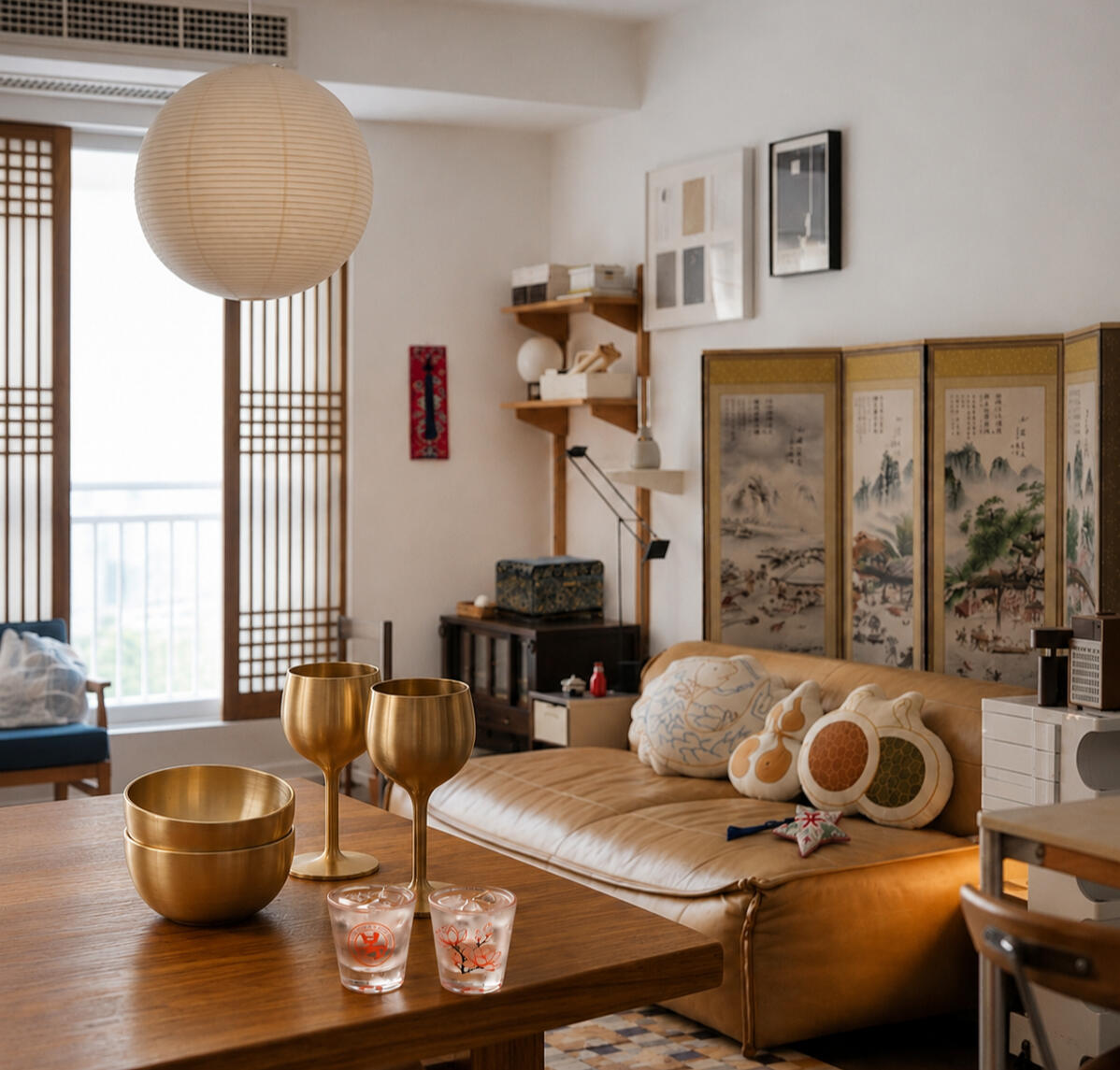Korean-Inspired Home Decor A modern living room featuring Korean-inspired home décor with traditional folding screens, brass tableware, and warm minimalist styling.