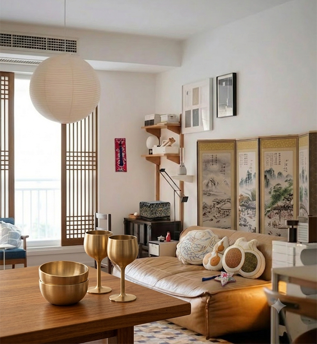 Korean-Inspired Home Decor A modern living room featuring Korean-inspired home décor with traditional folding screens, brass tableware, and warm minimalist styling.